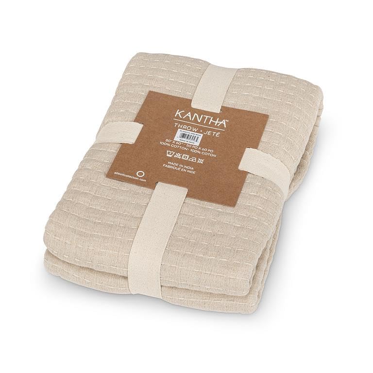 Abbott Collection Handcrafted Kantha Overstitch Beige Throw Blanket - 50x60 Inches, Soft and Durable Cotton, Perfect for Sofa, Bed, or Chair - Image 3