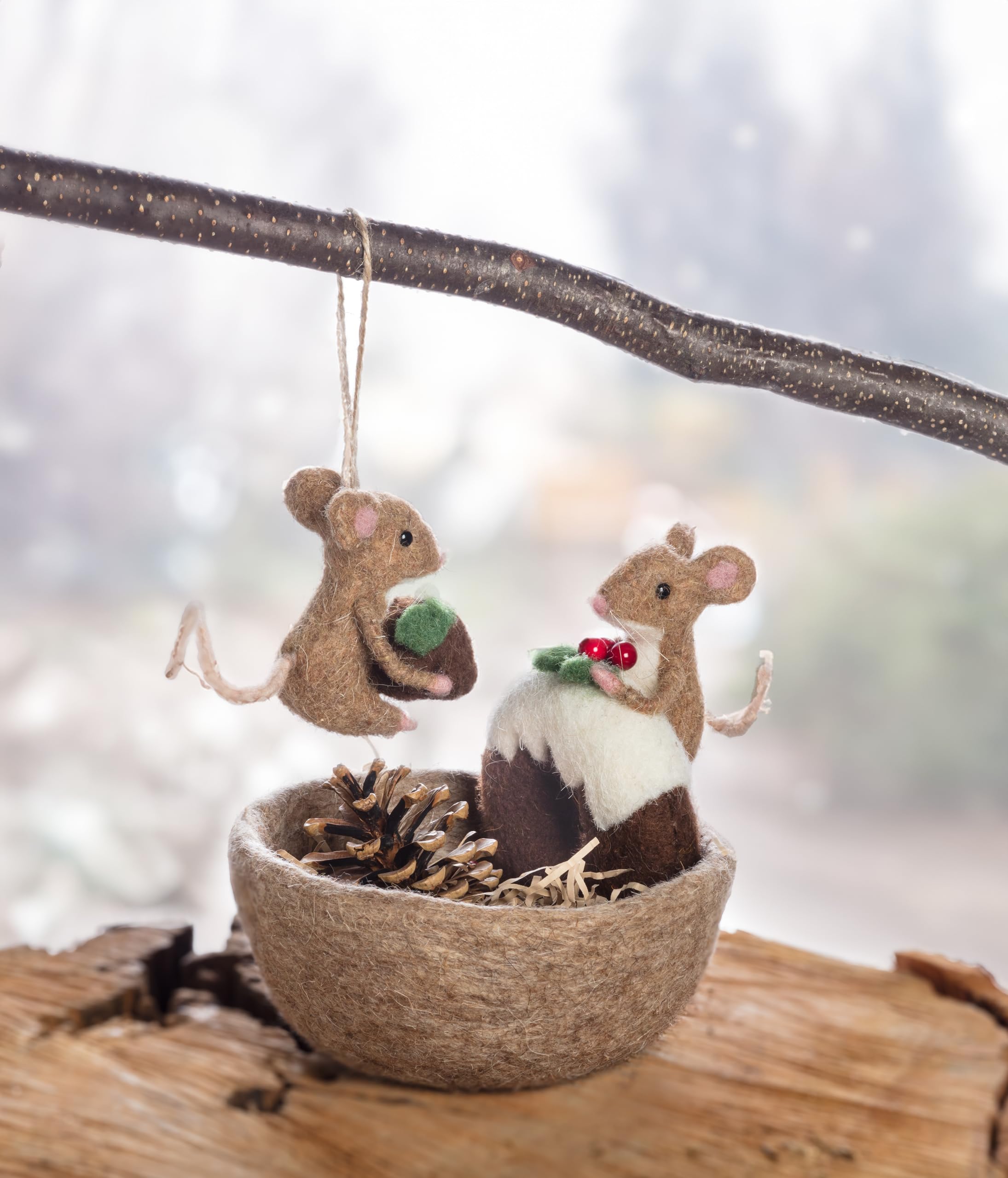 Abbott Collection HandmadeMouse with Christmas Pudding Ornament -Felt, Brown (3" H) - Image 3
