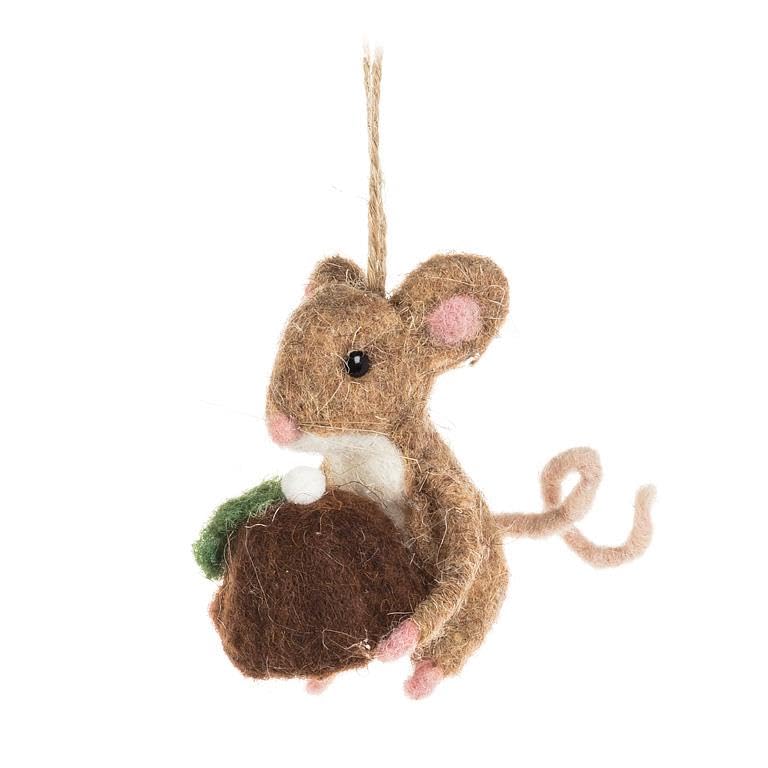 Abbott Collection HandmadeMouse with Christmas Pudding Ornament -Felt, Brown (3" H) - Image 4