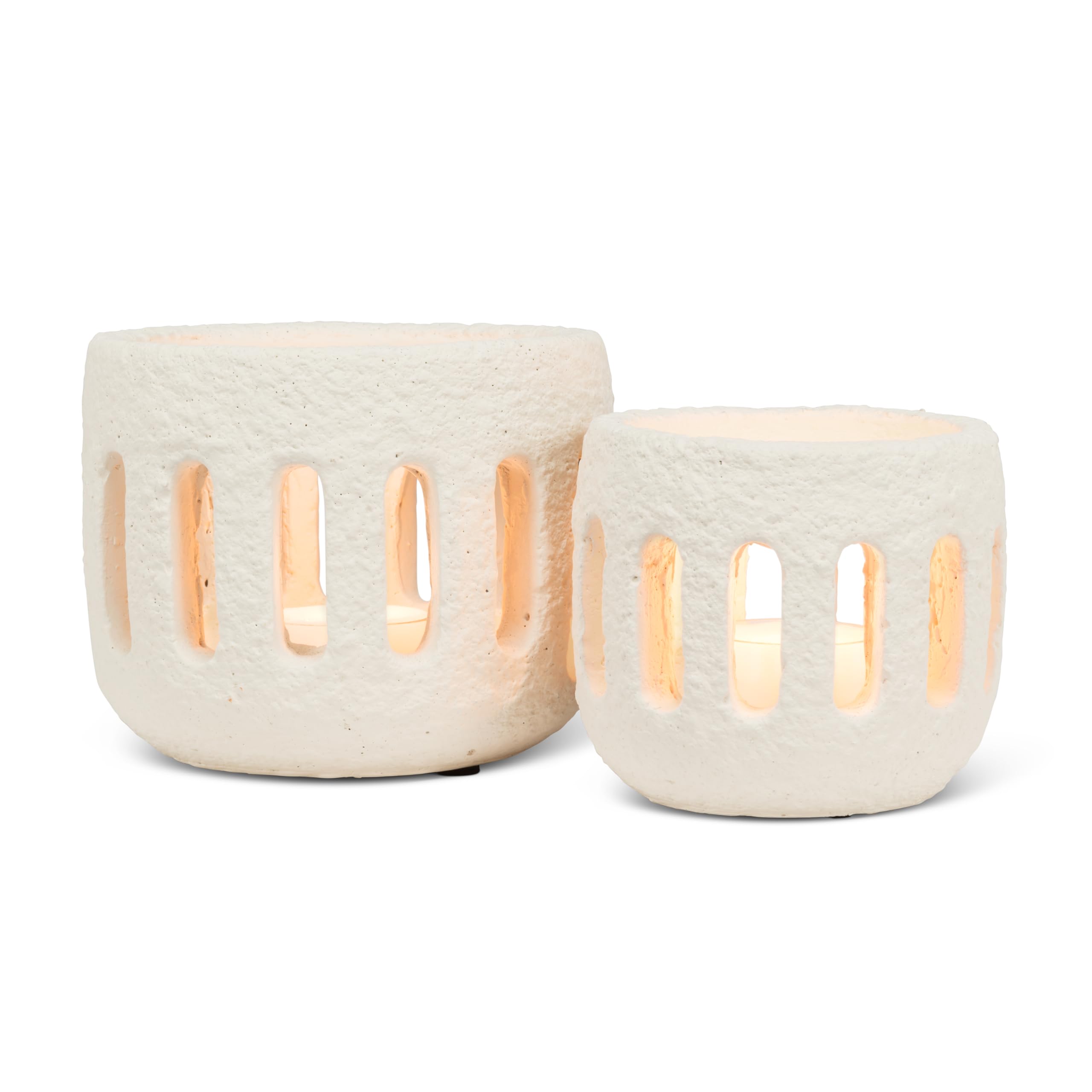 Abbott Collection Small Textured Hurricane Tealight Candle Holder - Cement, Ivory (3" H) - Image 3